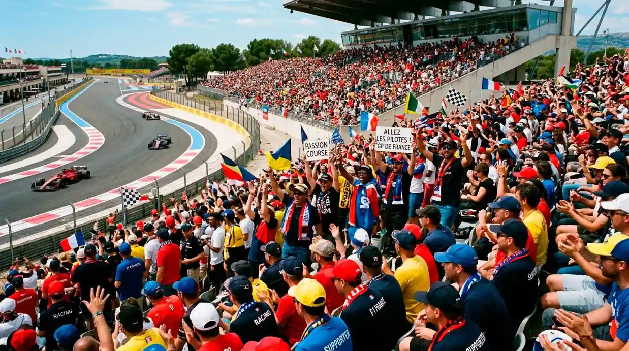 Fans de Formule 1 dans les tribunes d'un Grand Prix suivant la course